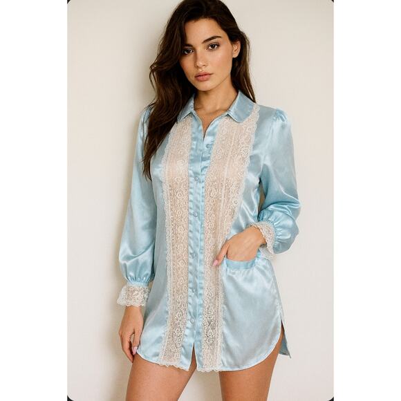 Bert Yelin for Iris Blue Satin Night Gown Dress Lace Sexy Feminine Bridal Large - Picture 1 of 10